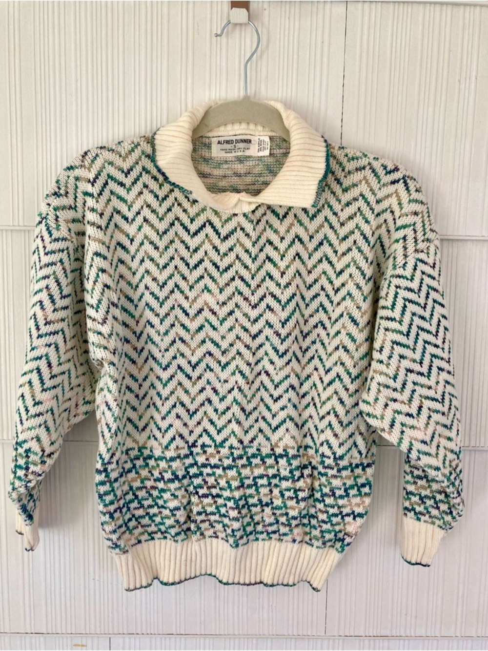Whimsical Grannycore Cream Sweater with Rainbow Chevron pattern